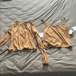 Women's Tan Ribbed Top Set